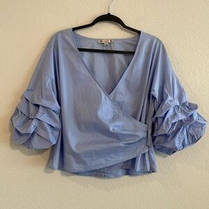 Iris Women’s Wrap Top Medium Blue 100% Cotton Balletcore Statement Sleeves